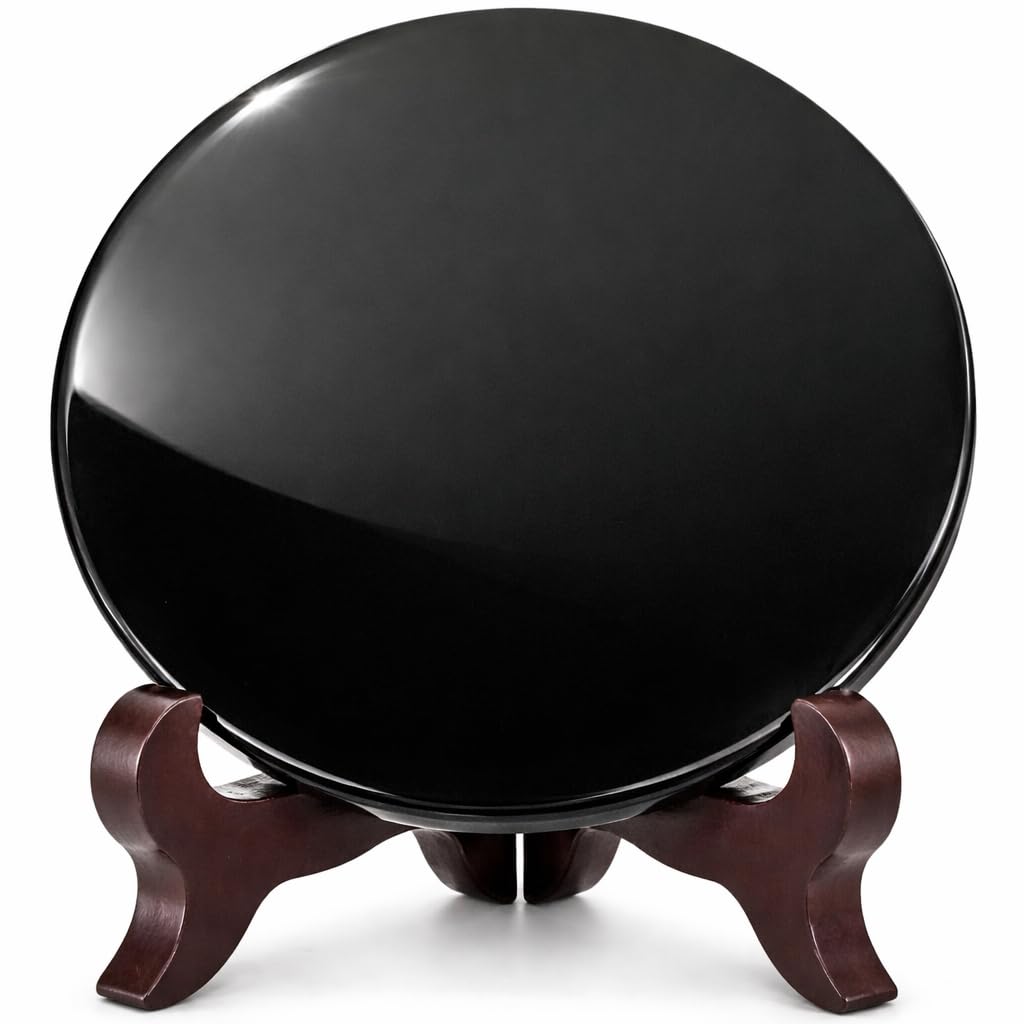 Polar Jade Black Obsidian Fortune Telling Mirror (110 mm / 4.3 Inches with Wooden Stand)