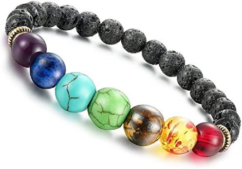 Dhnewsun Men,Women 8mm Lava Rock Beads Chakra Bracelet Black Healing Energy Stone Gemstone Bracelet (Lava Stones Chakra beads)