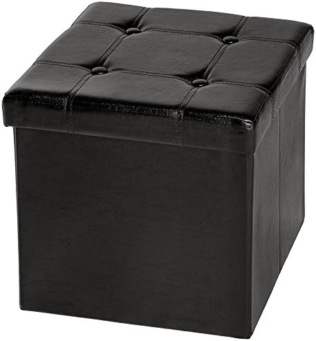 Heredeco 15" Storage Ottoman Faux Leather Collapsible Foldable Seat Foot Rest Coffee Table (Black)