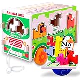 Gamenote Jumbo Wooden Shape Sorter Animals Bus with Puzzle Jigsaw and Seesaw Game - Educational Pull Push Truck Toys for Toddlers and Baby (Need to Assemble)(Colorful)