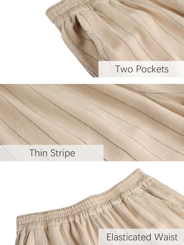 Les umes Women's Summer 7/8 High Waist Linen Pants with Pockets | Comfy Linen Striped Printed Capri Wide Leg Palazzo