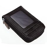 DEEZOMO RFID Blocking Genuine Leather Mini Credit Card Case Organizer Compact Wallet with ID Window - Coffee