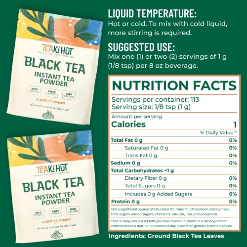 TEAki Hut Instant Black Tea Powder, 4 oz, Black Tea Powder, Powdered Black Tea for Hot and Cold