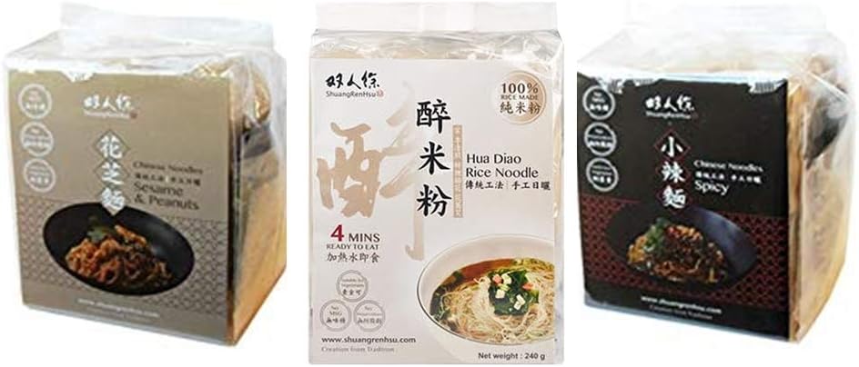 ShuangRenHsu Taiwan Sun Dried Quick Cook Noodles 3 Flavour Combo Set - Chinese Spicy Noodles + Chinese Sesame & Peanut Noodles + Hua Diao Rice Noodles