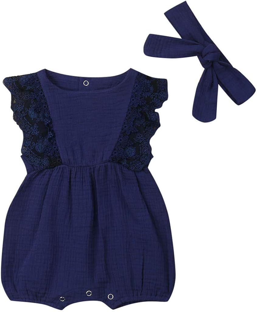 Shan-S Summer Infant Kids Baby Girl Children's Sleeveless Solid Color Lace Ruffled Romper Bodysuit Jumpsuit + Hair Band Outfit