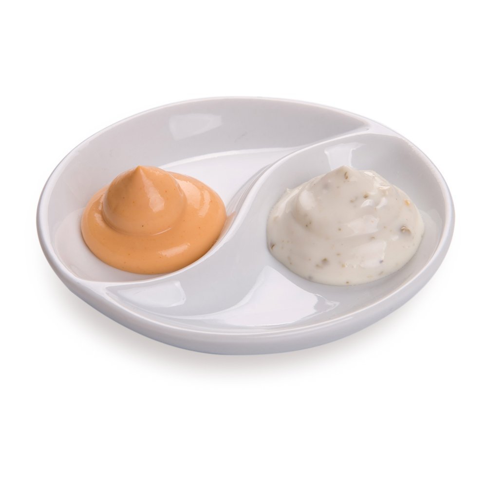 Yin Yang Plate, Porcelain Sauce Plate - 2 Compartments - White - 3.5" - 10ct Box - Restaurantware