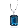 Gem Stone King 925 Sterling Silver London Blue Topaz and White Diamond Pendant Necklace For Women (9.52 Cttw, Gemstone Birthstone, Emerald Cut 14X10MM, with 18 Inch Silver Chain)