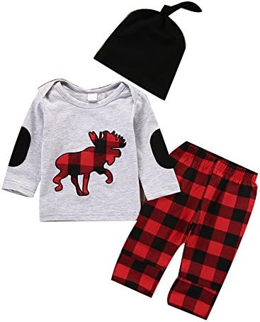 Newborn Baby Girl Boy Clothes Deer Tops T-shirt+Pants Leggings 3pcs Outfit Set (0-6 Month, Red)