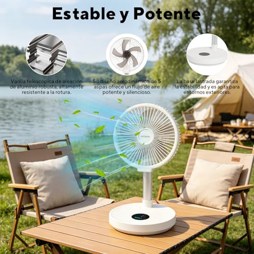 CROSPIN Ventilador Portátil Recargable 10000mAh 12 Pulgadas, Plegable y Telescópico de Pie y Escritorio, Oscilación 90°, 6 Velocidades, Control Remoto, Luz Nocturna, Temporizador, Silencioso
