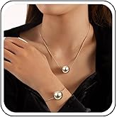 Iaceble Boho Large Round Ball Choker Necklace Bead Ball Bracelet Chain Necklace Polished Metal Ball Floating Necklace Silver Sphere Necklace Big Simple Ball Chain Bracelet Set Jewelry for Women