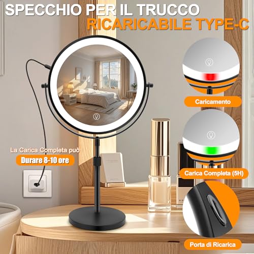 MEKOTRIN Makeup Mirror with Lights, Magnifying Mirror 10x 360° Rotation with 3 Coloured Lights Adjustable Brightness, Double-Sided Makeup Mirror for Personal Care and Makeup