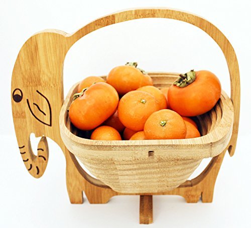 Collapsible Bamboo Fruit and Veggie Basket Expandable Natural Bamboo Fruit Bowl Flat Fruit Stores Holder/Dish/Container To-Go Food Containers (Elephant)
