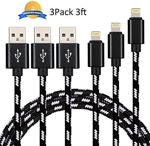 NEXCABLE 3Pack 3FT Nylon Braided Lightning to USB Cable Charger Compatible with iPhone 7/ 7 Plus/ SE/ 6s/ 6 /6 Plus/ 6s Plus/ 5s/ 5c/ 5/ iPad Air/ Mini/ iPod Nano/ Touch (Black)