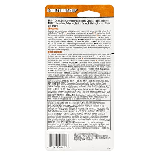 Gorilla Fabric Glue, 100% Waterproof, No-Sew, Washer/Dryer Safe, Permanent Bond, Clear, 2.5fl oz/73ml, Pack of 1