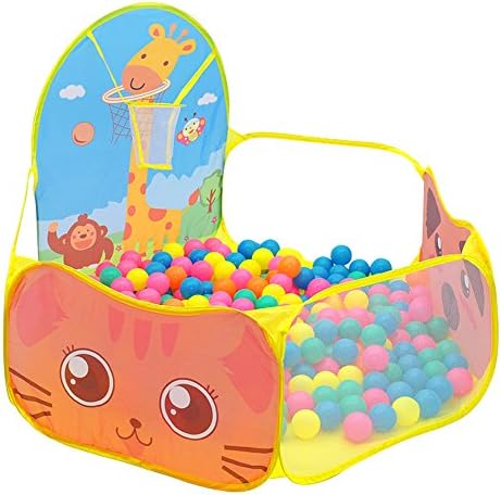 Foldable Pop Up Ocean Ball Pit Pool, Children's Paradise Forest Models Giraffe Bear Cartoon with Basketball Hoop for Indoor or Outdoor Use a Carrying Case (Yellow)