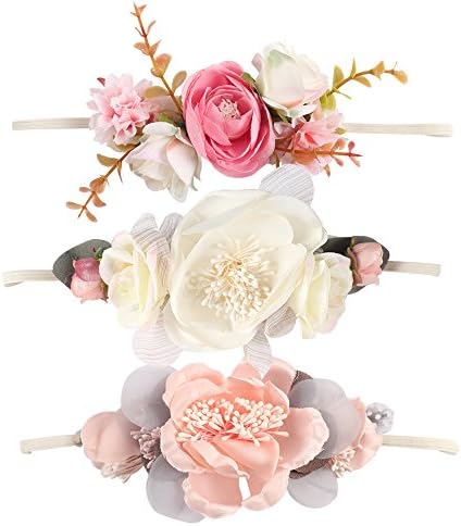 Ncmama Baby Girls Floral Headbands Nylon Elastic Floral Hair Band For Newborn Infant Toddler Pack of 3