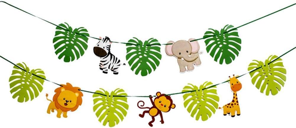 decaden Cartoon Animal Jungle Theme Buntings Hawaiian Tropical Leaves Bunting Banner Birthday Wedding Buntings Banner Party Decoration 3 Meters