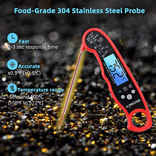 KARIDGE Digital Instant Read Meat Thermometer, Best Waterproof Kitchen Food Cooking Thermometer with Backlight LCD for BBQ Grilling Smoker Baking Turkey - Blue