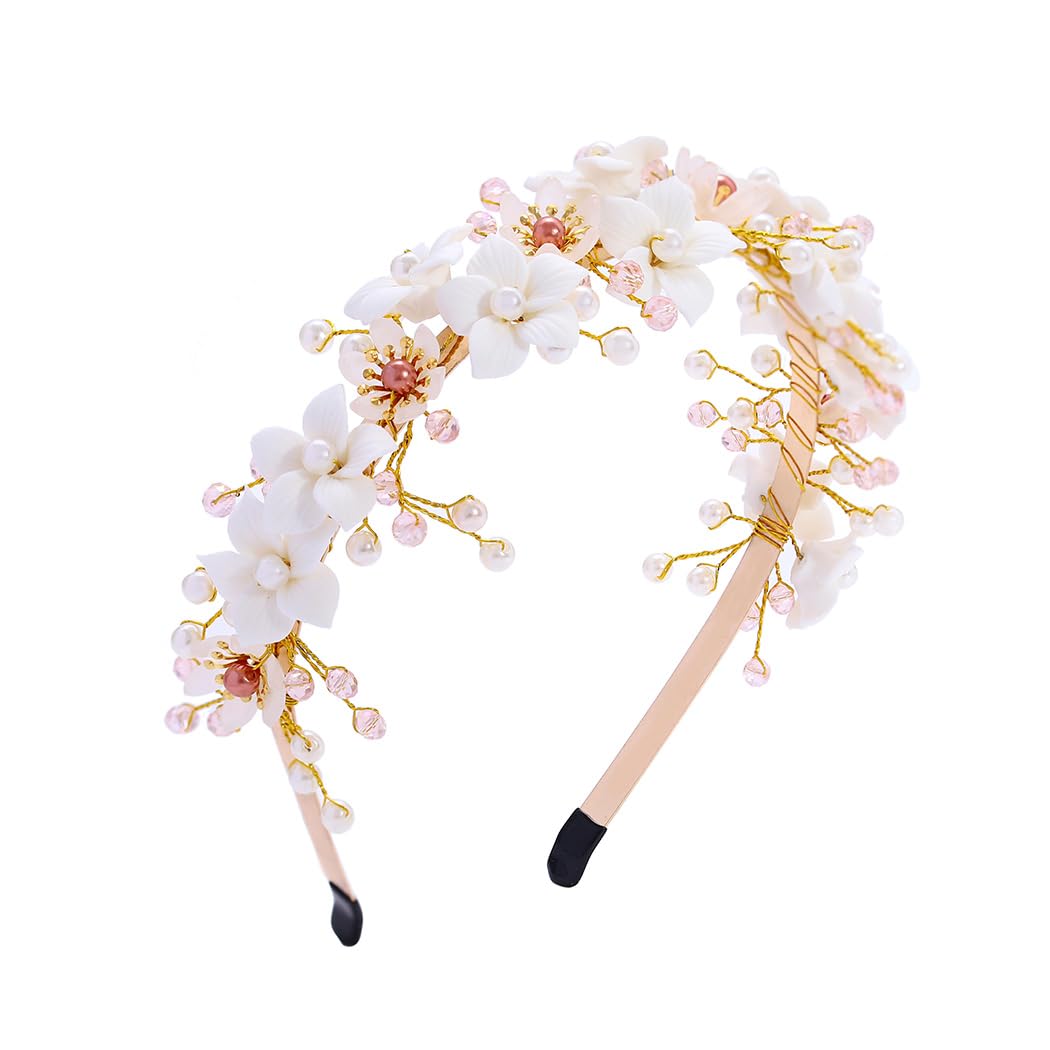 IYOU Bridal Wedding Headband Gold Flower Hair Bands Pearl Beads Headpiece Communion Bride Hair Accessories for Women
