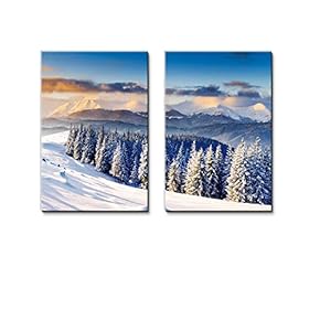 Canvas Prints Wall Art - Majestic Sunset in The Winter Mountains Landscape Dramatic Sky - 16"x24" x 2 Panels