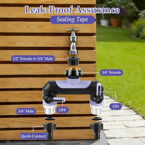 Landrip Garden Hose Splitter 2 Way Outdoor Faucet Splitter 3/4 Inch Heavy Duty T Hose Faucet Splitter Full Flow Hose Adapter with 2 Valves