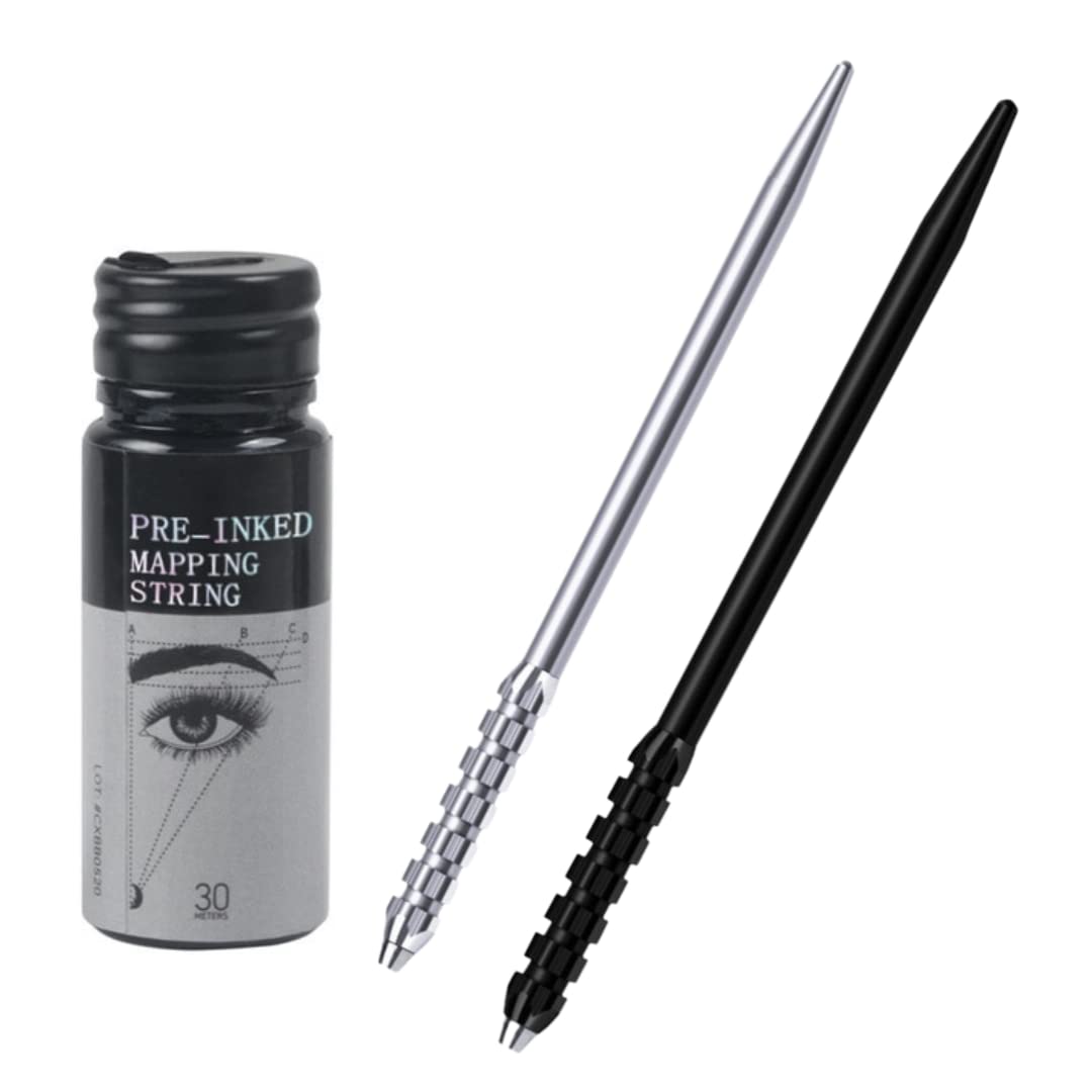 Manual Tattoo Kit, 2 Professional Embroidery Pens, 1 Pre-Inked Mapping Chain for Eyebrow Measurement, Microblading Eyebrow Marker Thread 30 Meters, Semi-Permanent Poising Measurement