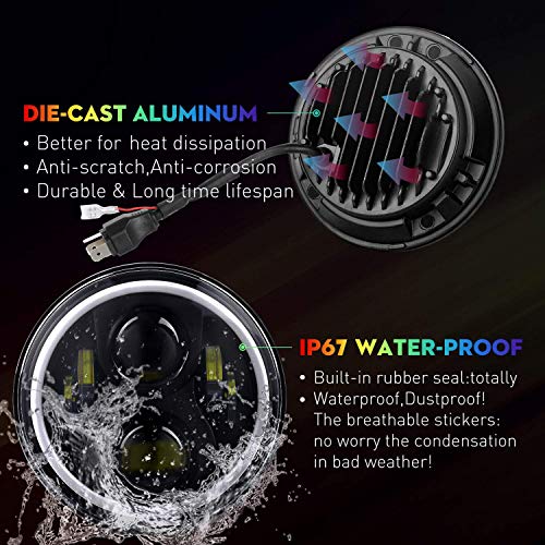 DOT Approved 7'' LED Headlight RGB Halo Ring Angle Eye Bluetooth Remote Control for 1997~2018 Jeep Wrangler JK TJ LJ CJ Sahara Sport Rubicon Willys Hummer H1 H2 2 Years Warranty