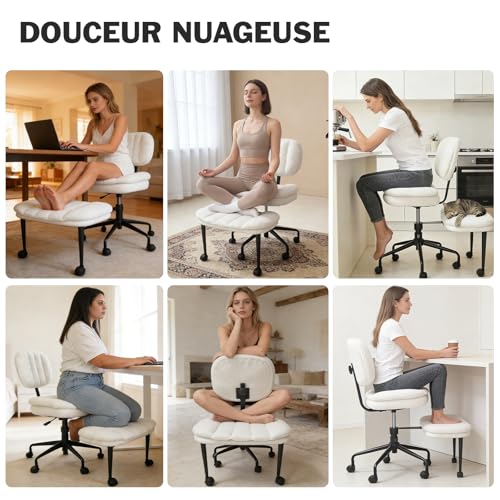 DIDAINT Cross Chair with Wheels, Ergonomic Armchair with Crossed Legs, Wide Seat Faux Sheep Fur, 360° Swivel and Height Adjustable, Ideal for Meditation, Yoga, Office, ADHD