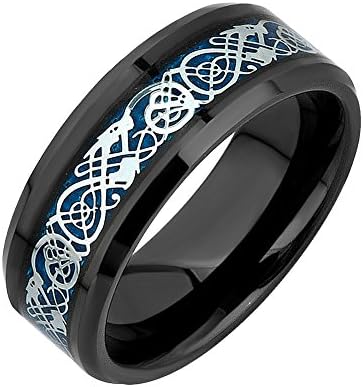 MRing 8mm Black Blue Titanium Silver Dragon Celtic Pattern Ring Beveled Edges Celtic Rings Jewelry Wedding Band For Men (8)