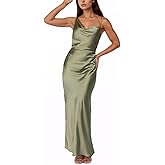 Summer Satin Maxi Dresses for Women 2025 Cowl Neck Ruched Silk Formal Wedding Guest Bridesmaid Slip Dress with Slit