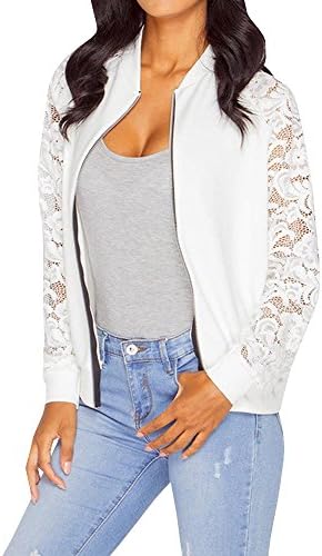 Skyvo Womens Jackets Plus Size Long Sleeve Zipper Jackets Basic Coats Lady Black White Short Lace Patchwork Jackets