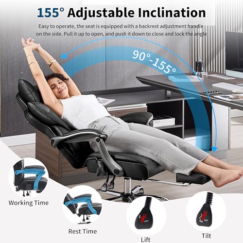 Fizzin PU Executive Office Chair, Big and Tall Ergonomic Office Chair with Footrest, Flip-Up Back Built-in Dynamic Airbag Lumbar Support and Interlocking Armrests (Black)