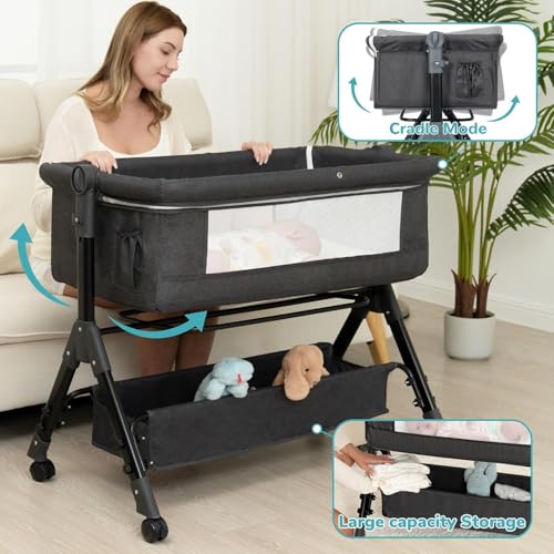 Baby Bassinet Crib, Bedside Bassinet for Baby, 3 in 1 Bassinet Bedside Sleeper with Wheels, Mosquito Net, Adjustable Easy Folding Portable Baby Bed for Infant Newborn