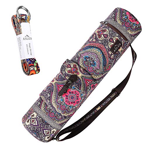 Anleo Yoga Mat Bag + Yoga Strap Set, Heavy Duty Cotton Full Zipper Closing Yoga Mat Carry Bag with Inside and Outside Storage Zipper Pocket, Fit Most Size Mats