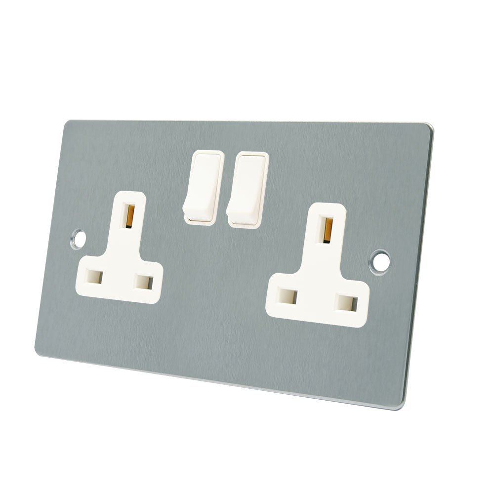 AET FSC2GSOCWH Satin Chrome Flat 2 Gang White Insert Plastic Rocker Switches-13 Amp Double Plug Socket, 240 V
