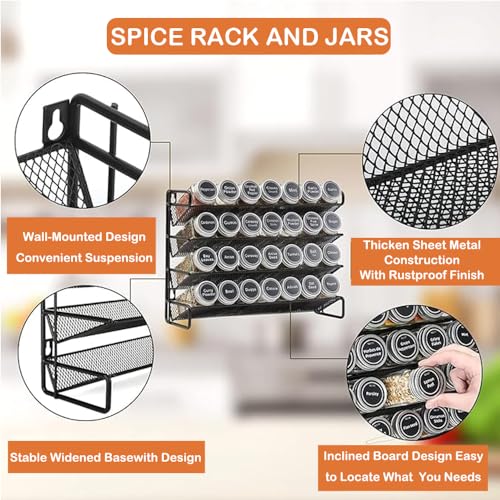 GANGHUI Spice Jars 4-Tier Stackable Spice Racks with 28 Glass Spice Jars, Seasoning Bottle Organizer with 386 Labels with Chalk Marker and Funnel Complete Set for Countertop, Cabinet or Wall Mount