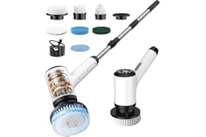 LXLU Electric Spin Scrubber, Cordless Cleaning Brush, Bathroom Shower Scrubber with 7 Brush Heads,Floor Polishers with 2 Adjustable Speeds, Extension Handle, IPX7 Waterproof for Tub Tile Floor, White-o2.