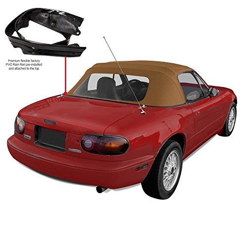 Compatible with Mazda Miata Convertible Top with Plastic Window & Attached (Pre-Installed) Rain Rail, 1990-2005 - (Tan)