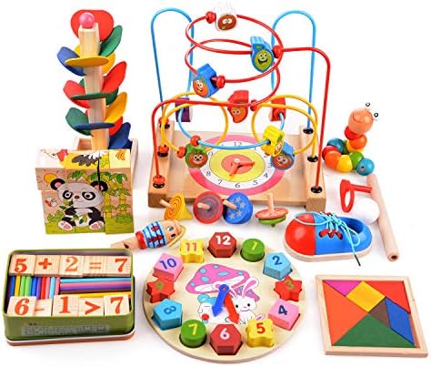 Wooden Beads Maze Roller Coaster,Cube Tangram Jigsaw Activity Center for Preschool Educational Learning Toy for Toddlers and Kids | Ideal Gift
