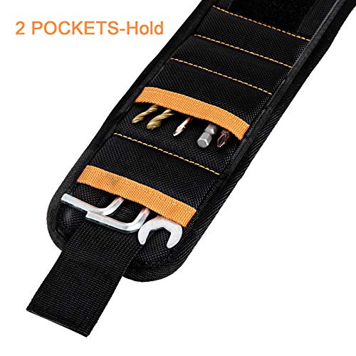 Magnetic Wristband,Tool Belt with 15 Strong Magnets and 2 Pockets for Holding Screws,Tools, Nails,Drill Bits,Great Gifts for Men,Dad,Husband,DIY Handyman, Black