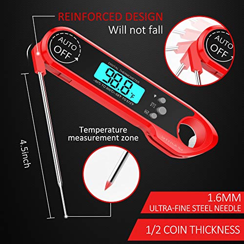 Meat Thermometer,Cuteadoy IP67 Waterproof Fast Folding Digital Instant Read Thermometer BBQ Thermometer with Calibration and Backlit Function Cooking Thermometer for Food,Milk,Grill,Bath (Red)
