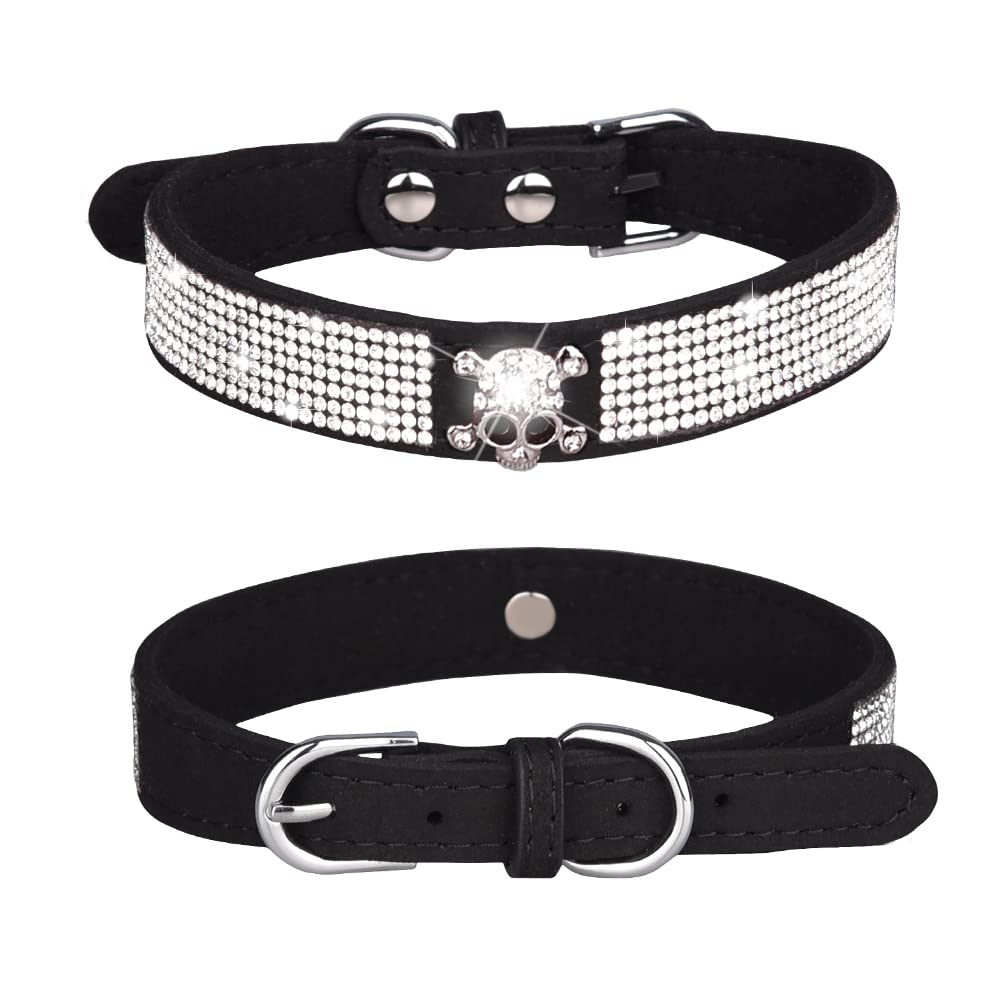 Haoyueer Rhinestone Dog Collar, Cute Dazzling Sparkling Soft Suede Leather Dog Cat Rhinestone Collar Crystal Diamond Pet Dog Puppy Collar (M, Black-5)