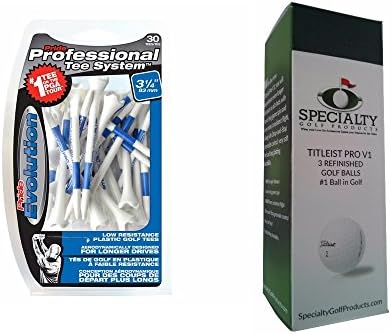 Pride Professional Tee System Evolution Tee, 3-1/4-Inch, Pack of 30 Blue And Refinished Titleist Pro V1 3-Pack Bundle