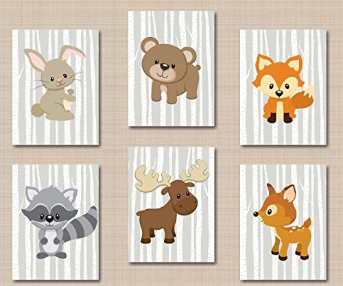 Woodland Nursery Decor,Woodland Nursery Wall Art Woodland Gray Baby Room Woodland Tales Fox Bear Deer raccoon Moose Bunny Wall Art-UNFRAMED 6 PRINTS (NOT CANVAS)C326