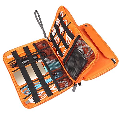 Go Electronics Case | Portable Orange Multiuse Double Layer Electronics Organizer Protection with Elastic Mesh | Durable Waterproof Polyester for Phone Charger USB Drive Cable Travel Storage | 1364