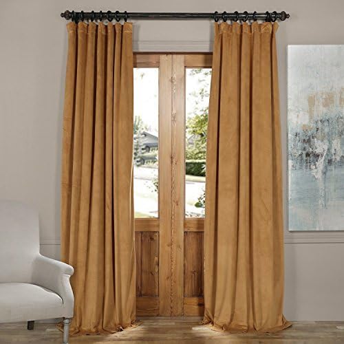 52" W x 108" L (set of 2 Panels) Pinch Pleat 90% White Lining Blackout Velvet Solid Curtain Thermal Insulated Patio Door Curtain Panel Drape For Traverse Rod and Track, Amber Gold Curtain
