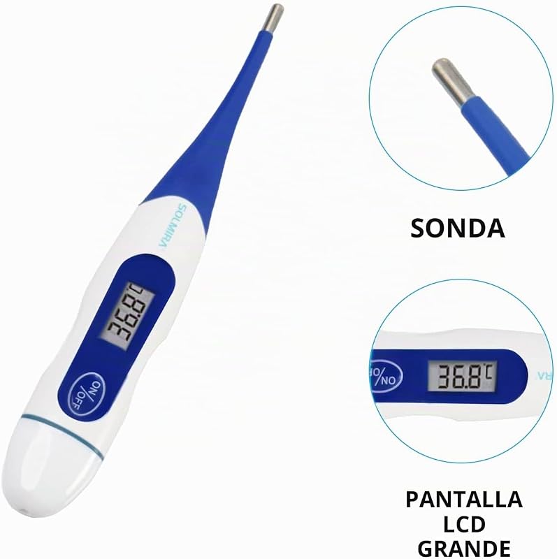 - Termómetro Digital, Preciso ±0.1°C, Punta Flexible, Oral/Rectal/Axilar, Resistente al Agua IP54, Aviso Sonoro, Estuche Incluido, Amarillo/Azul/Azul Marino