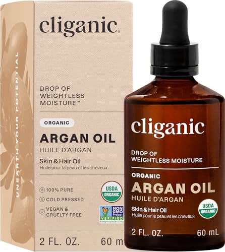 Cliganic – Aceite de Argán Orgánico 100% Puro, Prensado en Frío, 60 ml (2 fl. oz) – Certificado USDA Organic – Vegano, Sin OMG – Hidratante para Piel, Cabello y Rostro