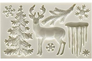 TUESMEILL 3D Christmas Stag Deer Silicone Fondant Mold, Elk Candle Mold, Snowflake Tree Mould for Cake Decoration, Chocolate, Candy, Polymer Clay