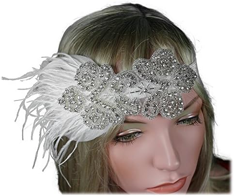 1920s Flapper Headband 20s Great Gatsby Headpiece White Silver Feather Gatsby Hair Accessories Crystal